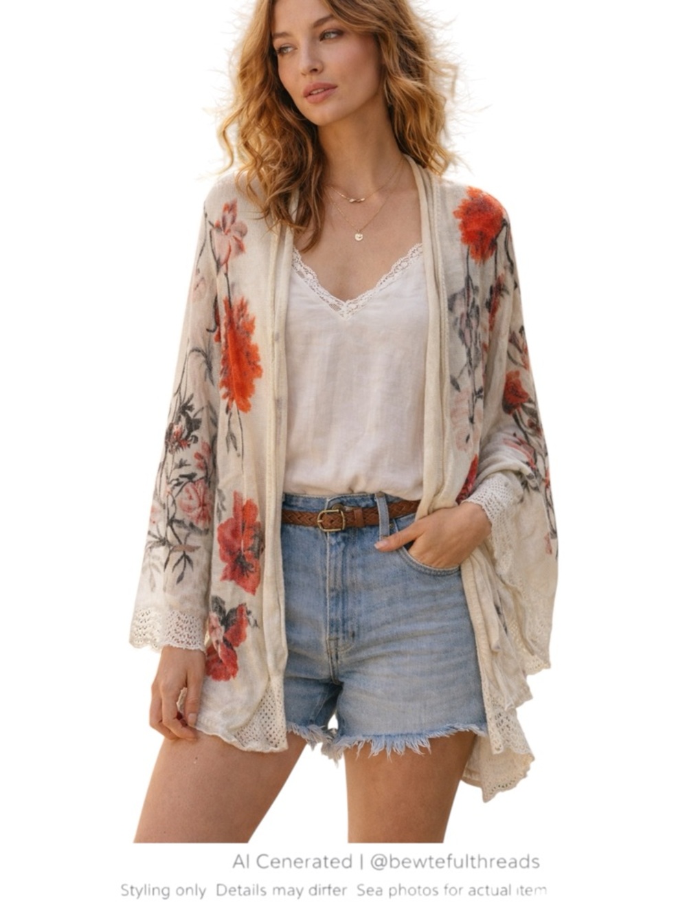 Romantic Boho Sheer Floral Cardigan Ivory Red Lightweight Layer L